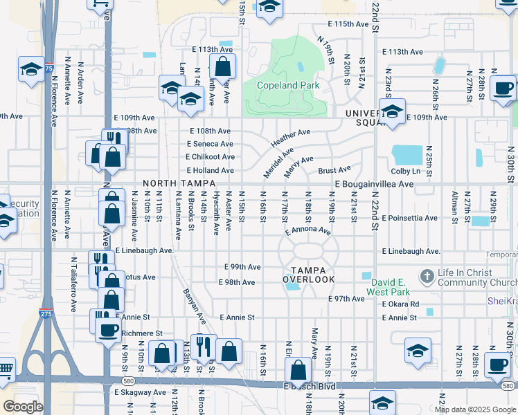 map of restaurants, bars, coffee shops, grocery stores, and more near 10208 North 16th Street in Tampa