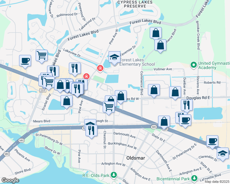 map of restaurants, bars, coffee shops, grocery stores, and more near 7 Hayes Road in Oldsmar