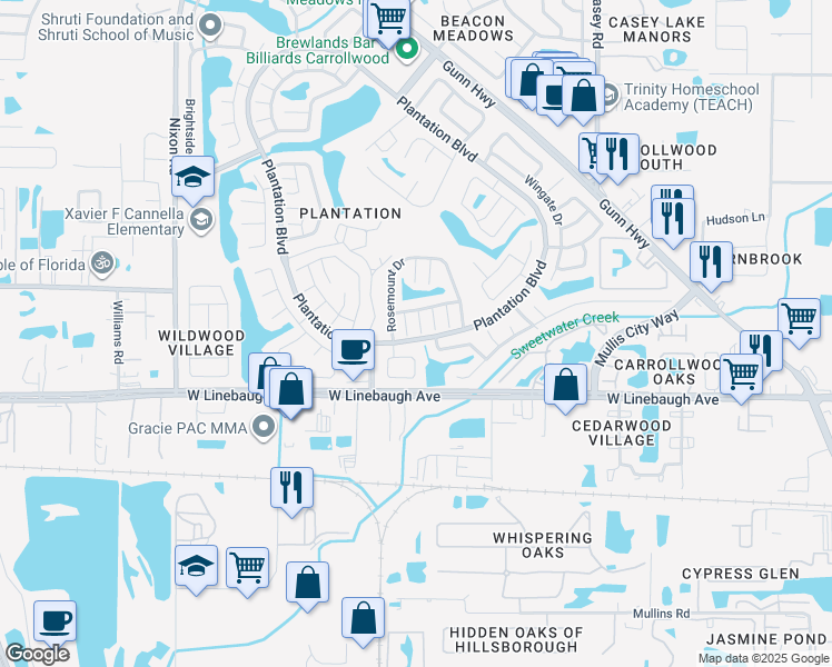 map of restaurants, bars, coffee shops, grocery stores, and more near 10302 Fernglen Place in Tampa