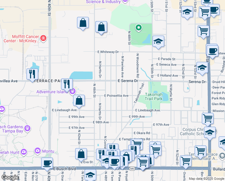 map of restaurants, bars, coffee shops, grocery stores, and more near 10208 North Oklawaha Avenue in Tampa