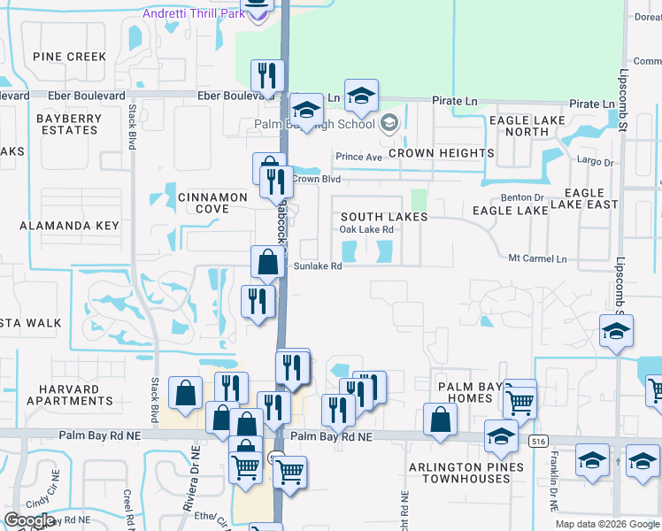 map of restaurants, bars, coffee shops, grocery stores, and more near Sunlake Road in Melbourne