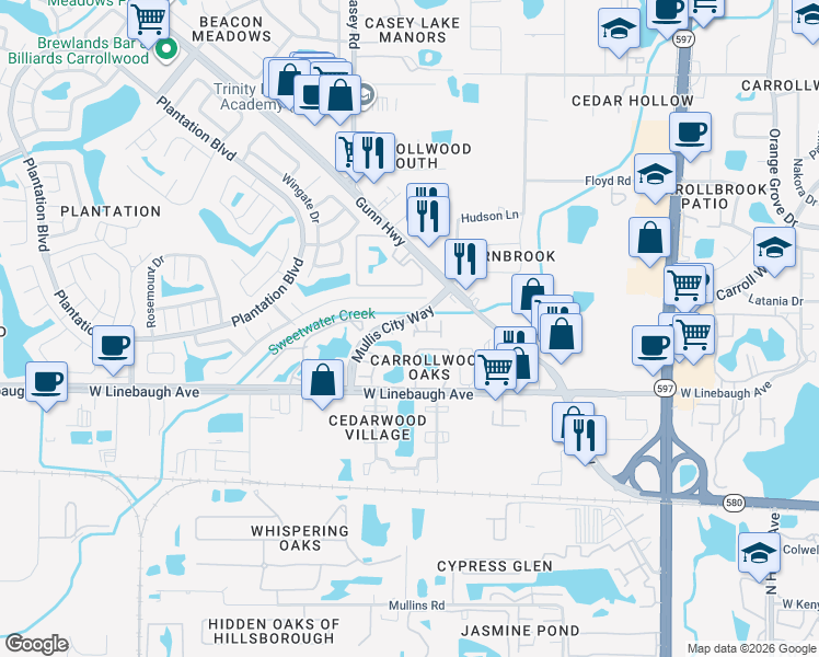 map of restaurants, bars, coffee shops, grocery stores, and more near 10112 Abington Place in Tampa