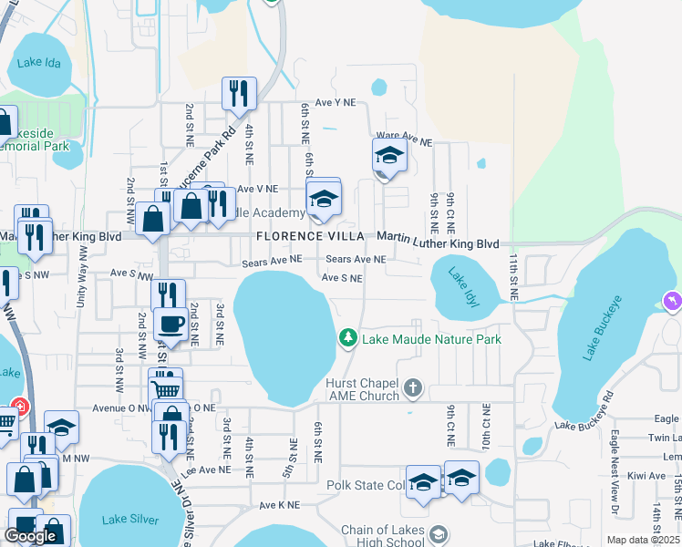 map of restaurants, bars, coffee shops, grocery stores, and more near 619 Avenue South Northeast in Winter Haven