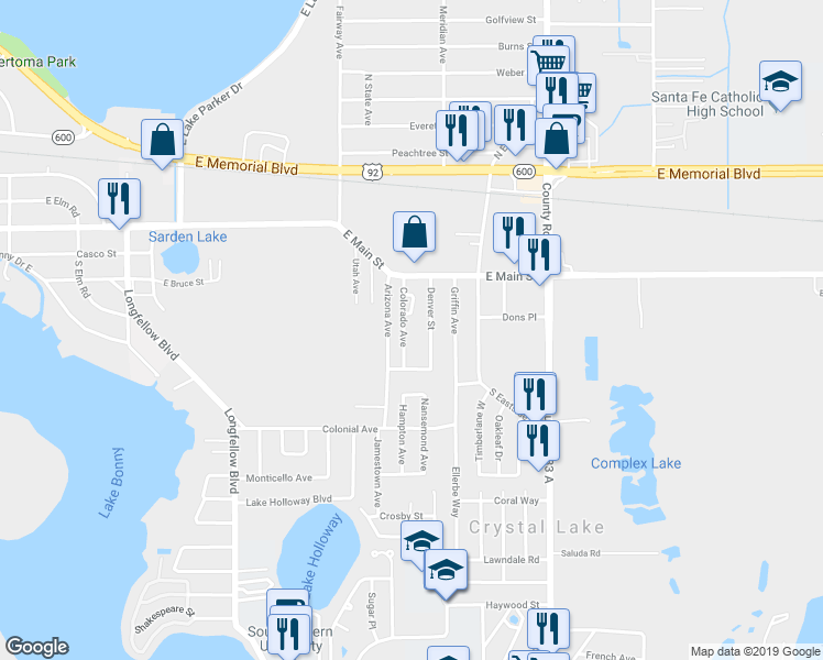 map of restaurants, bars, coffee shops, grocery stores, and more near 206 Colorado Avenue in Lakeland