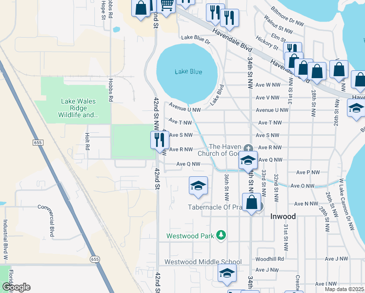 map of restaurants, bars, coffee shops, grocery stores, and more near 3913 Avenue R Northwest in Winter Haven