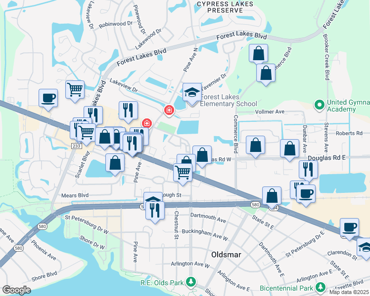 map of restaurants, bars, coffee shops, grocery stores, and more near 7 Hayes Road in Oldsmar