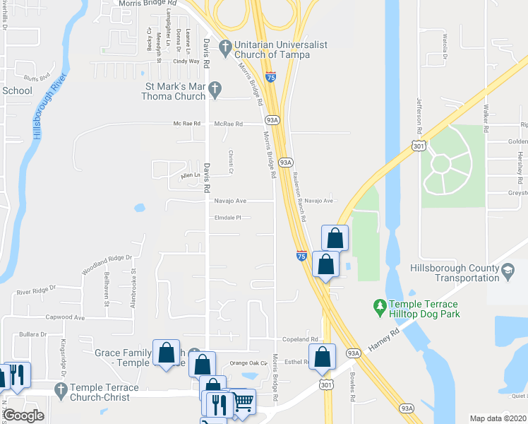 map of restaurants, bars, coffee shops, grocery stores, and more near 10216 Morris Bridge Road in Tampa
