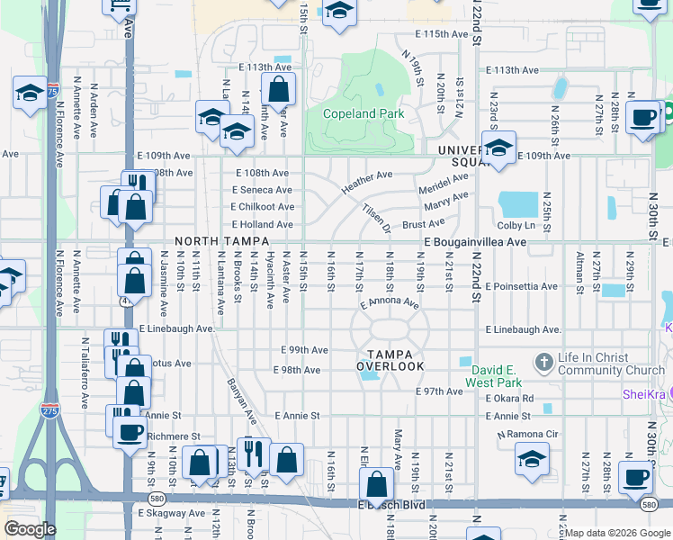 map of restaurants, bars, coffee shops, grocery stores, and more near 1601 East Navajo Avenue in Tampa