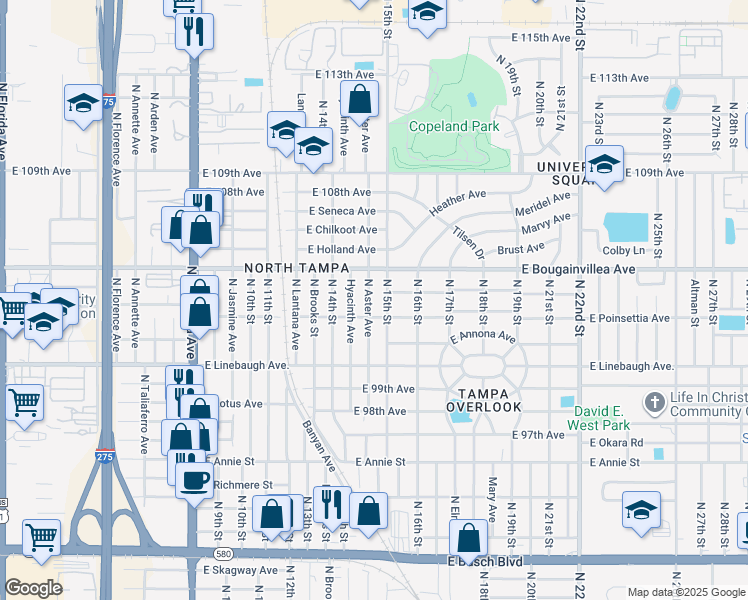 map of restaurants, bars, coffee shops, grocery stores, and more near 10106 North 15th Street in Tampa