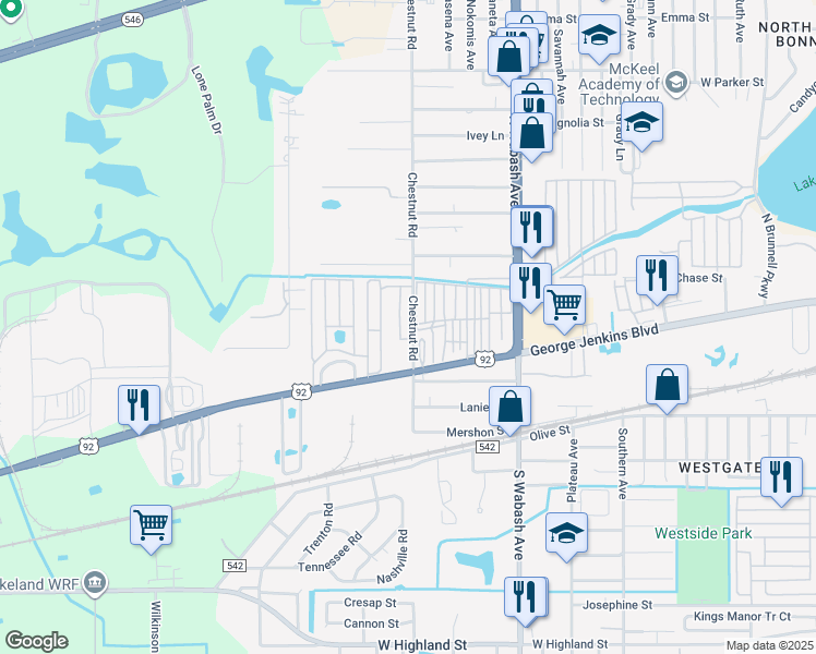 map of restaurants, bars, coffee shops, grocery stores, and more near 214 North Chestnut Road in Lakeland