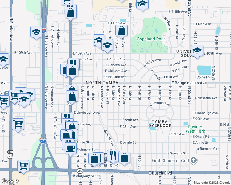 map of restaurants, bars, coffee shops, grocery stores, and more near 10107 North 14th Street in Tampa