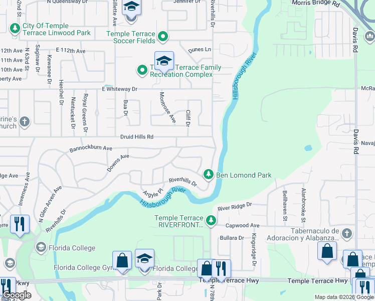 map of restaurants, bars, coffee shops, grocery stores, and more near 805 Bannockburn Avenue in Tampa