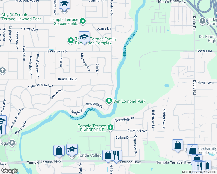 map of restaurants, bars, coffee shops, grocery stores, and more near 815 Bannockburn Avenue in Tampa
