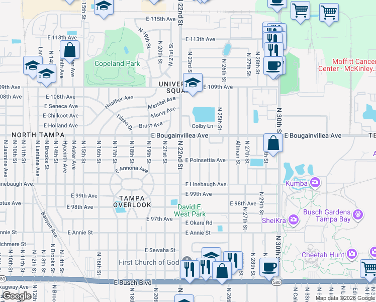 map of restaurants, bars, coffee shops, grocery stores, and more near 10210 North 23rd Street in Tampa