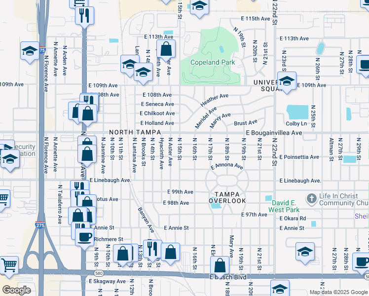 map of restaurants, bars, coffee shops, grocery stores, and more near 10106 North 15th Street in Tampa