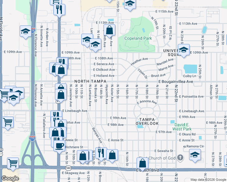 map of restaurants, bars, coffee shops, grocery stores, and more near 10106 North 15th Street in Tampa