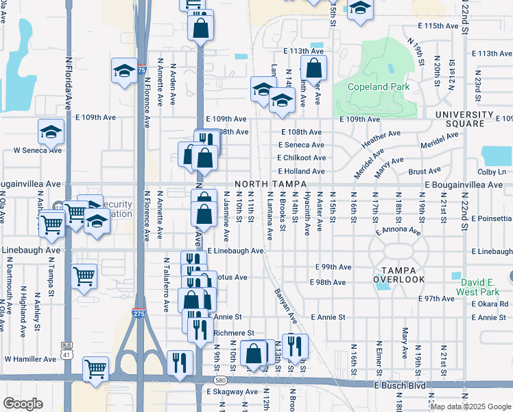 map of restaurants, bars, coffee shops, grocery stores, and more near 10109 North 11th Street in Tampa