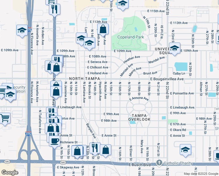 map of restaurants, bars, coffee shops, grocery stores, and more near 10106 North 15th Street in Tampa
