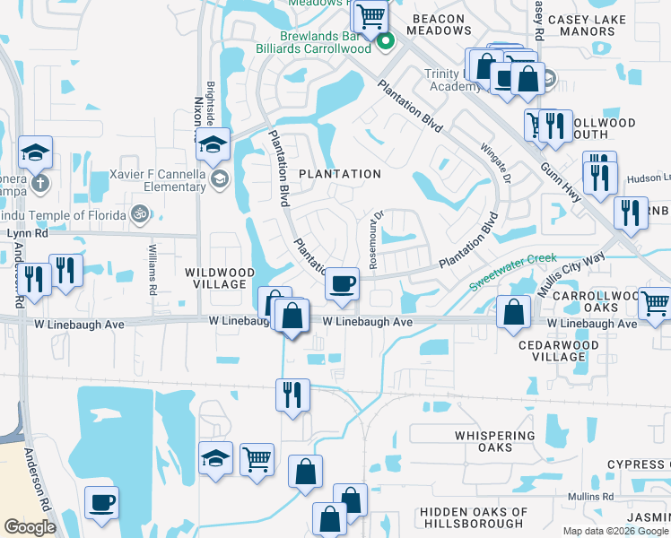 map of restaurants, bars, coffee shops, grocery stores, and more near 10304 Parkcrest Drive in Tampa