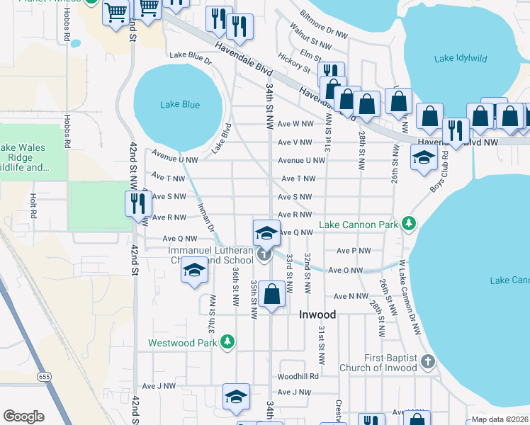 map of restaurants, bars, coffee shops, grocery stores, and more near 1820 34th Street Northwest in Winter Haven