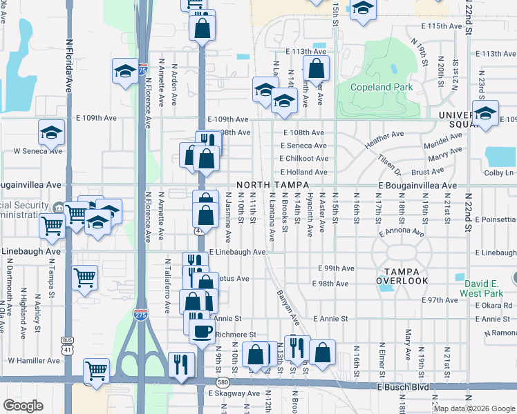 map of restaurants, bars, coffee shops, grocery stores, and more near 10109 North 11th Street in Tampa