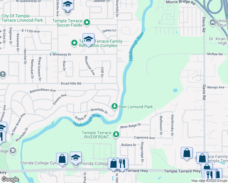 map of restaurants, bars, coffee shops, grocery stores, and more near 815 Bannockburn Avenue in Tampa