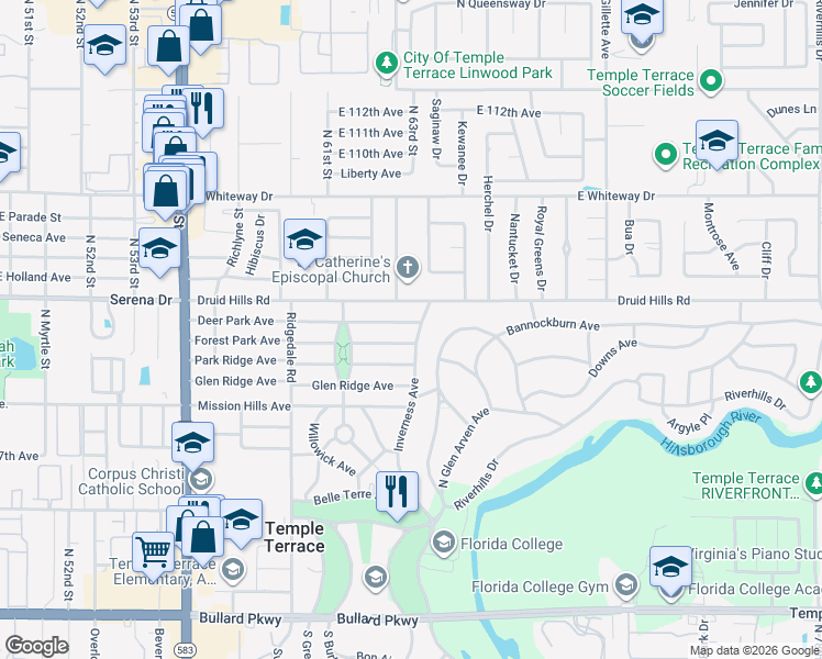 map of restaurants, bars, coffee shops, grocery stores, and more near 316 Inverness Avenue in Temple Terrace