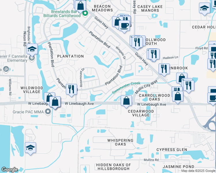 map of restaurants, bars, coffee shops, grocery stores, and more near 10009 Regal Woods Lane in Tampa