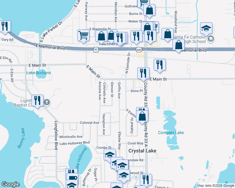 map of restaurants, bars, coffee shops, grocery stores, and more near 223 Griffin Avenue in Lakeland