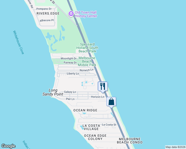 map of restaurants, bars, coffee shops, grocery stores, and more near 217 Liberty Lane in Melbourne Beach