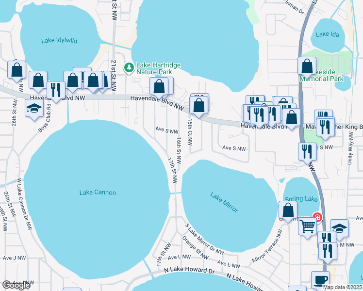 map of restaurants, bars, coffee shops, grocery stores, and more near 1822 16th Street Northwest in Winter Haven