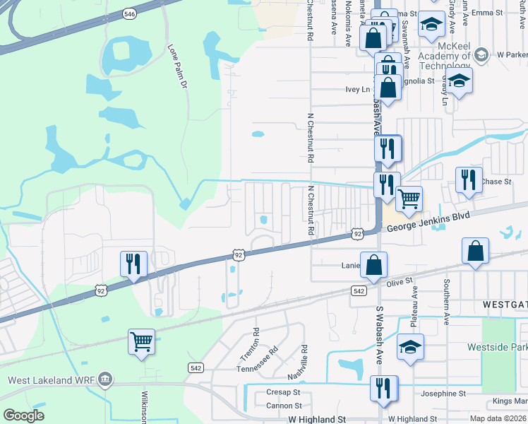 map of restaurants, bars, coffee shops, grocery stores, and more near 303 Alice Drive in Lakeland