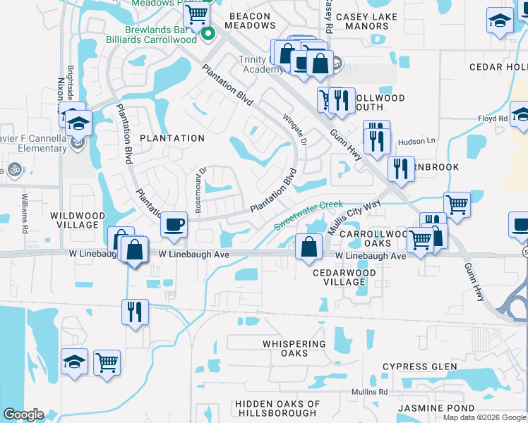 map of restaurants, bars, coffee shops, grocery stores, and more near 10009 Regal Woods Lane in Tampa