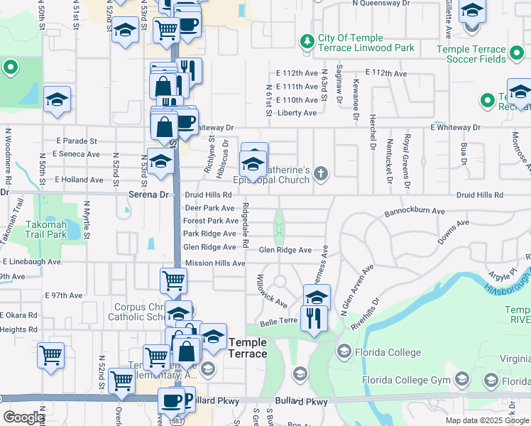 map of restaurants, bars, coffee shops, grocery stores, and more near 309 Deer Park Avenue in Temple Terrace