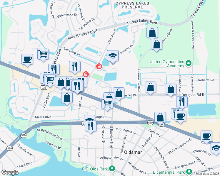 map of restaurants, bars, coffee shops, grocery stores, and more near 7 Hayes Road in Oldsmar