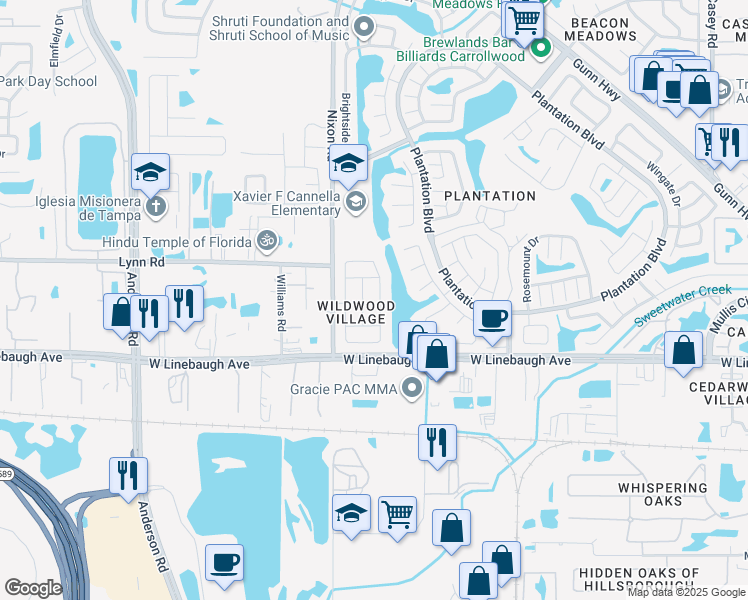 map of restaurants, bars, coffee shops, grocery stores, and more near 10114 Cedar Dune Drive in Tampa