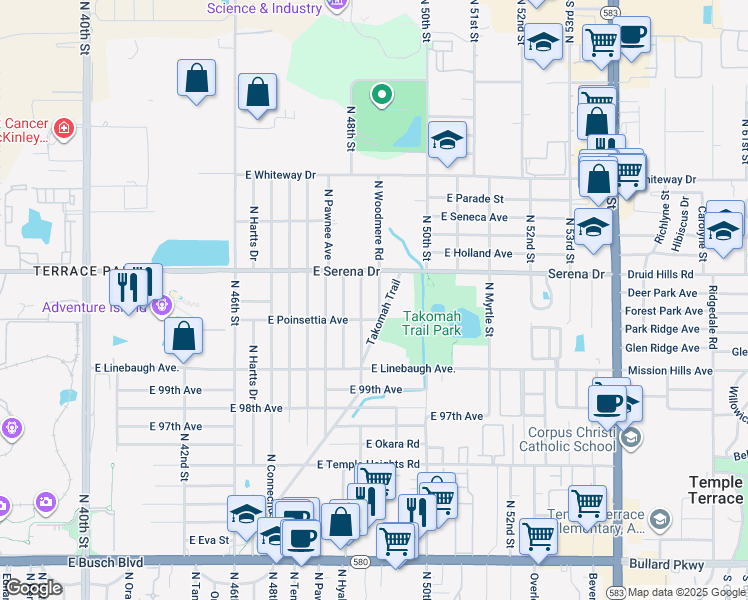 map of restaurants, bars, coffee shops, grocery stores, and more near 10210 North Woodmere Road in Tampa