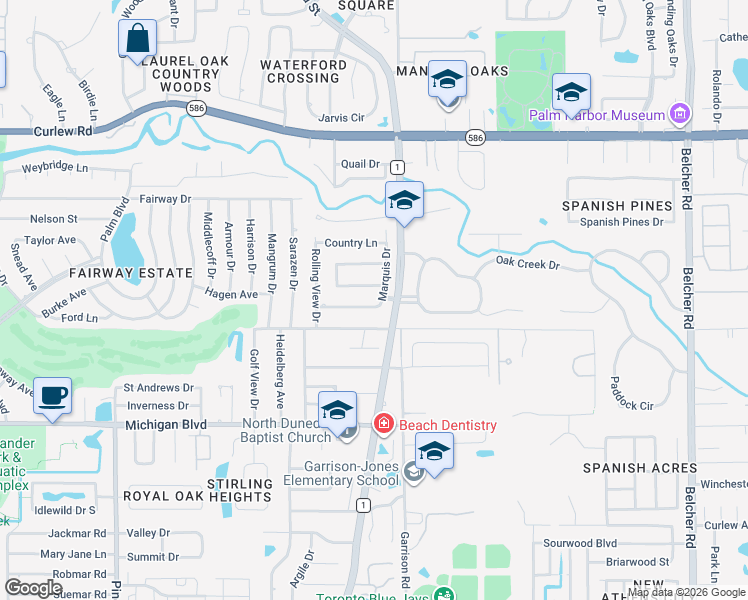 map of restaurants, bars, coffee shops, grocery stores, and more near 1680 Cinnamon Lane in Dunedin