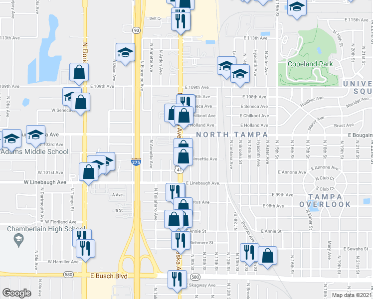 map of restaurants, bars, coffee shops, grocery stores, and more near 10309 North Nebraska Avenue in Tampa