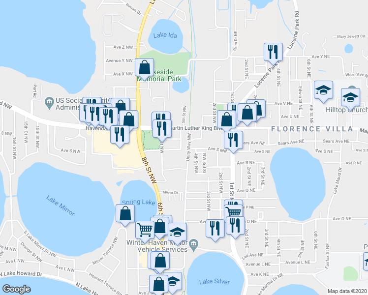 map of restaurants, bars, coffee shops, grocery stores, and more near 1844 4th Street Northwest in Winter Haven