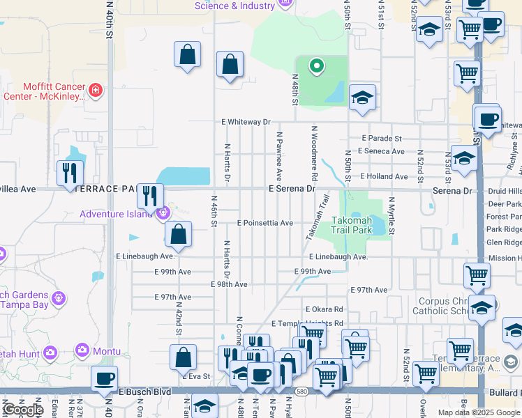 map of restaurants, bars, coffee shops, grocery stores, and more near 10208 North Oklawaha Avenue in Tampa