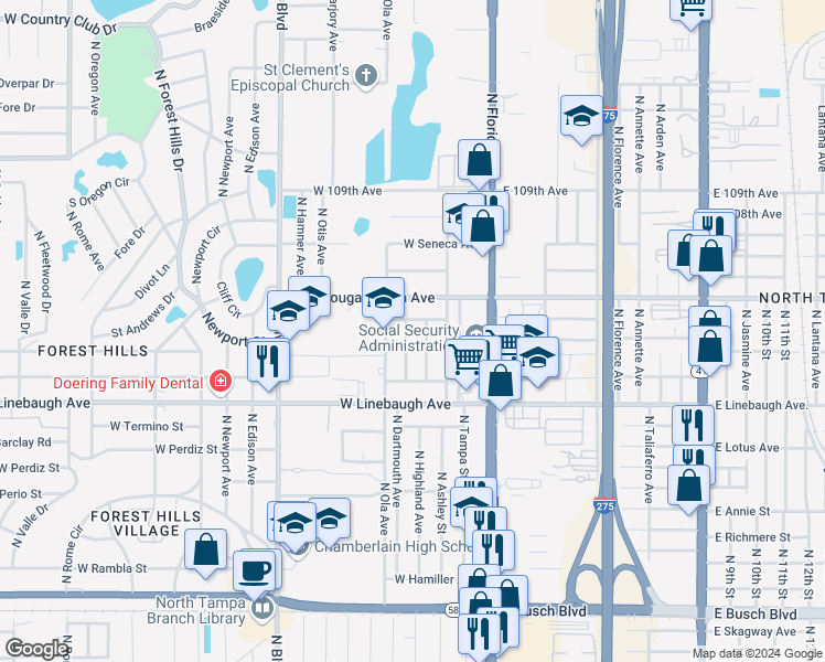 map of restaurants, bars, coffee shops, grocery stores, and more near 10117 North Dartmouth Avenue in Tampa