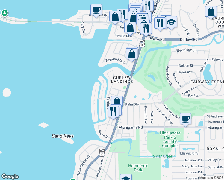 map of restaurants, bars, coffee shops, grocery stores, and more near 2249 Edythe Drive in Dunedin
