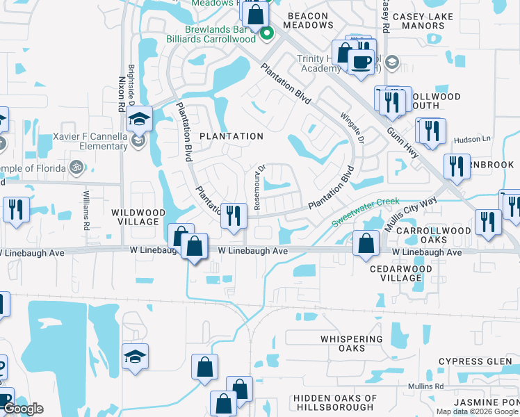 map of restaurants, bars, coffee shops, grocery stores, and more near 10305 Rosemount Drive in Tampa