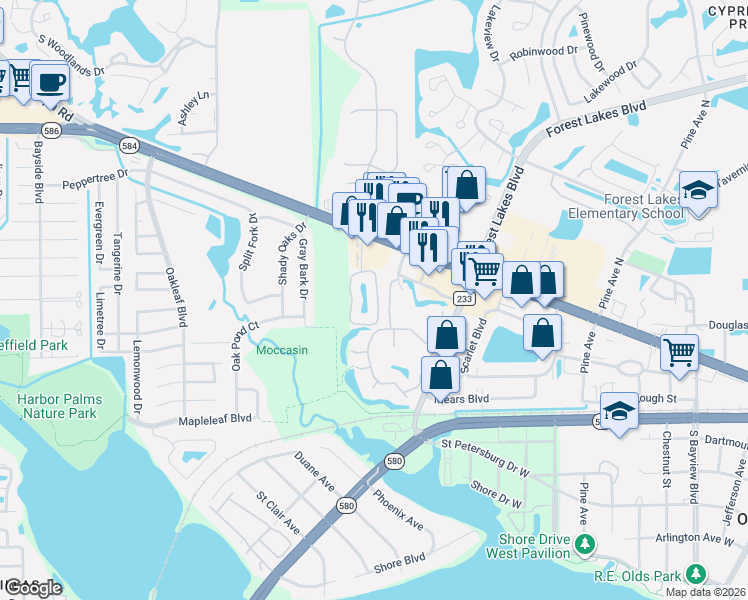 map of restaurants, bars, coffee shops, grocery stores, and more near 64 Emerald Bay Drive in Oldsmar