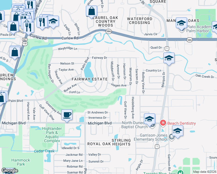 map of restaurants, bars, coffee shops, grocery stores, and more near 2311 Jones Drive in Dunedin