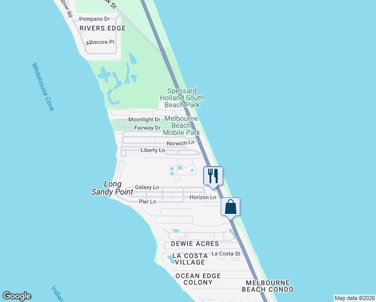 map of restaurants, bars, coffee shops, grocery stores, and more near 217 Liberty Lane in Melbourne Beach