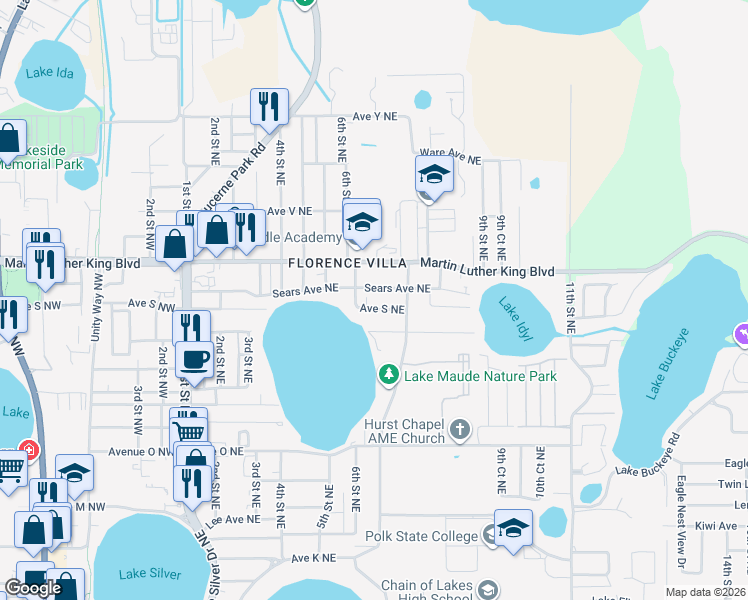 map of restaurants, bars, coffee shops, grocery stores, and more near 619 Avenue South Northeast in Winter Haven