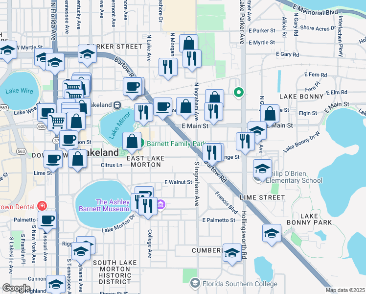 map of restaurants, bars, coffee shops, grocery stores, and more near 923 East Lemon Street in Lakeland