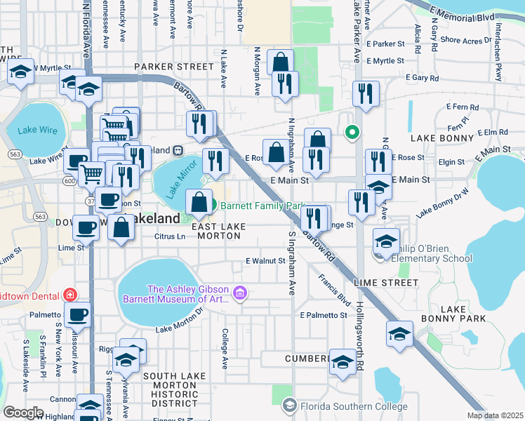 map of restaurants, bars, coffee shops, grocery stores, and more near 923 East Lemon Street in Lakeland